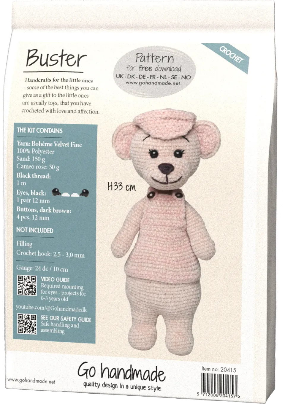 Go Handmade Buster Häkelkit 33 cm Samtgarn sand