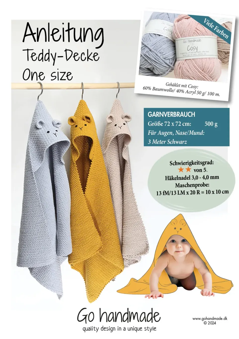 Go Handmade Teddy Decke Häkeltuch 72x72 cm Cosy