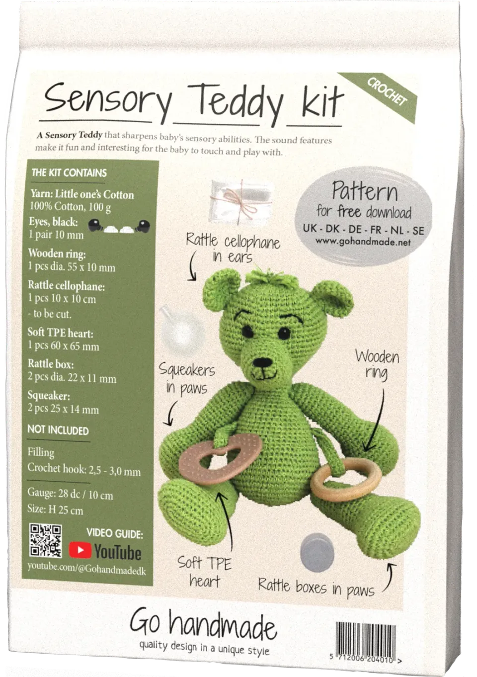 Go Handmade Sensory Teddy Häkelset Limette mit Rassel