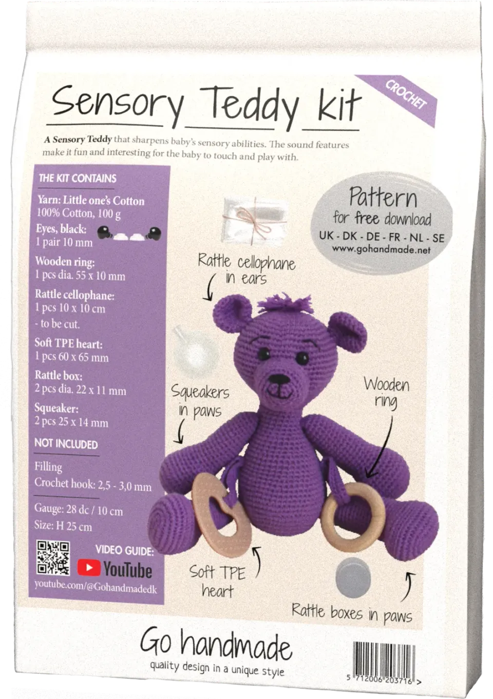 Go Handmade Sensory Teddy Häkelkit lila Baumwolle