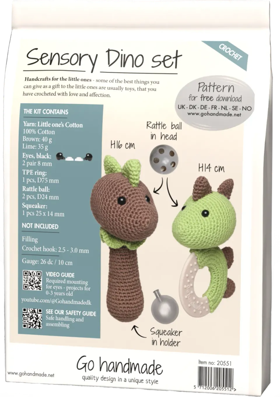 Go Handmade Sensory Dino Häkelset Greifring Rassel