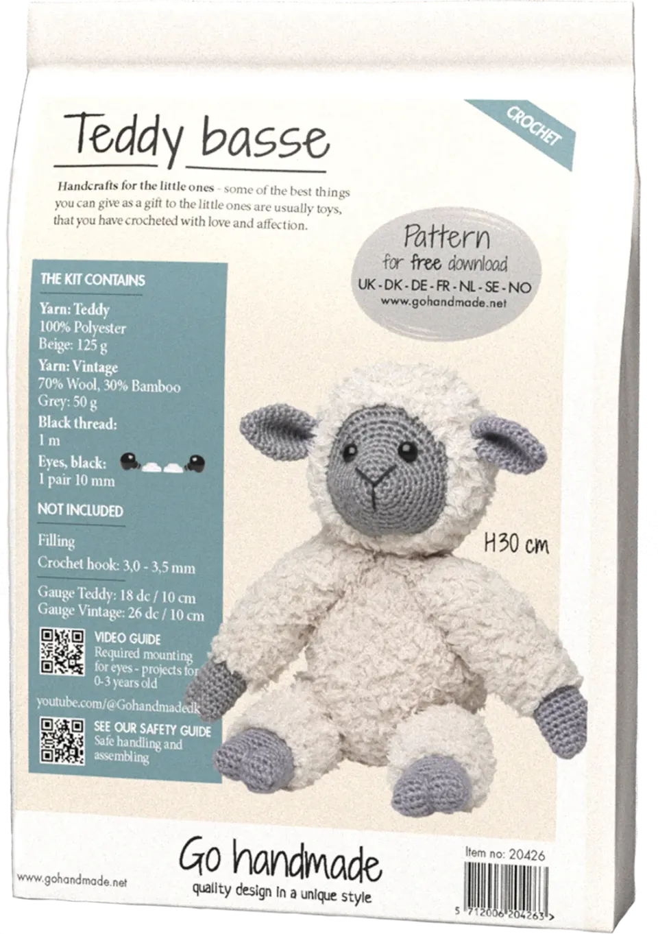 Go Handmade Teddy Basse Häkelkit Beige Grey H30 cm