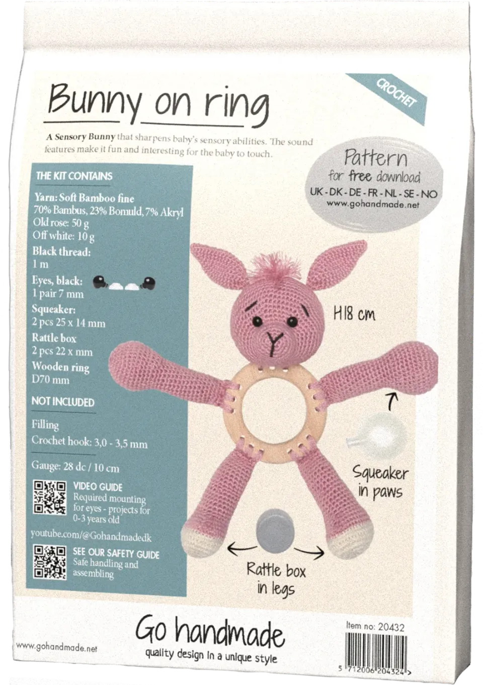 Go Handmade Bunny Greifring Häkelkit 18 cm altrosa Rassel