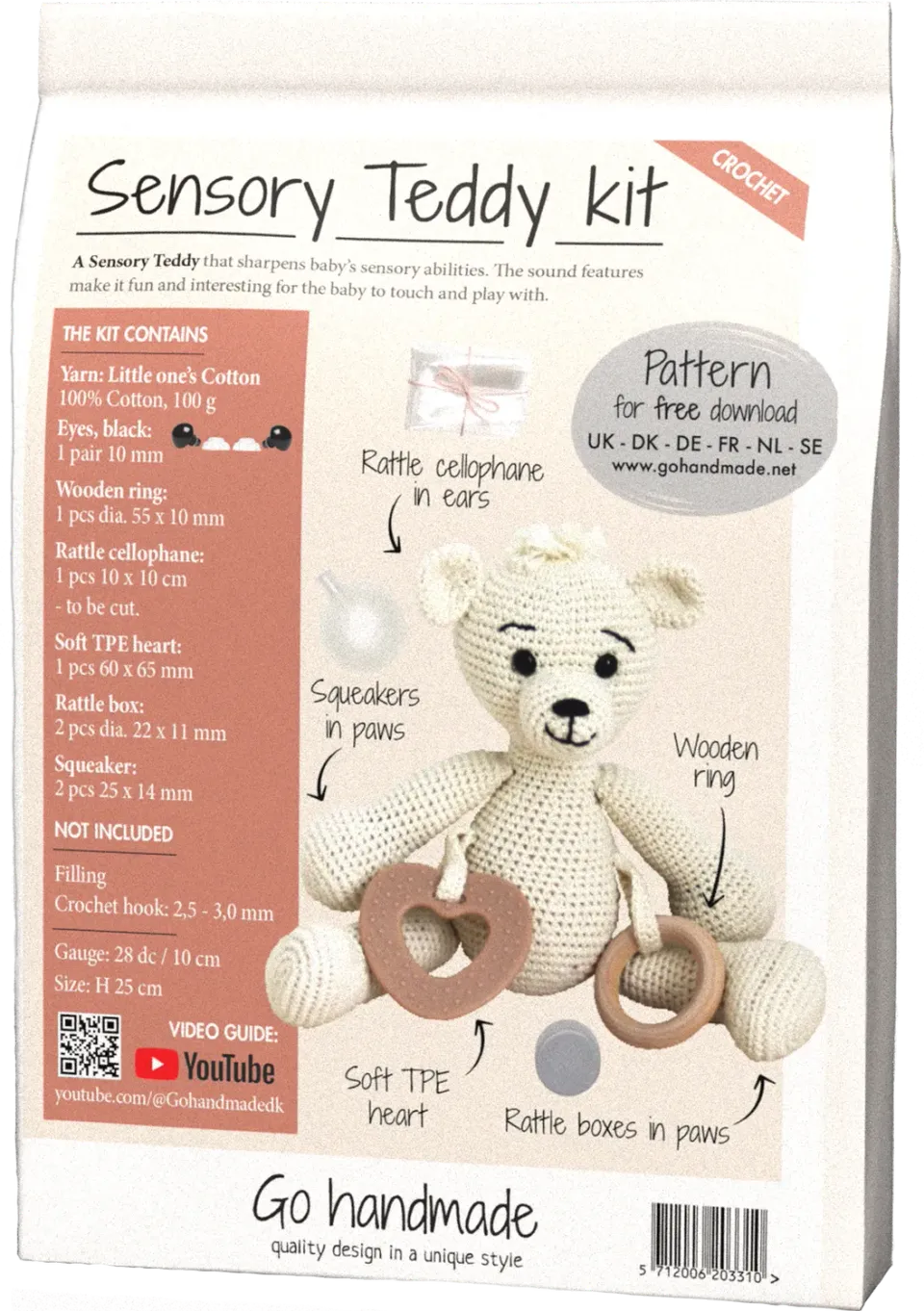 Go Handmade Sensory Teddy Häkelset off-white Rassel