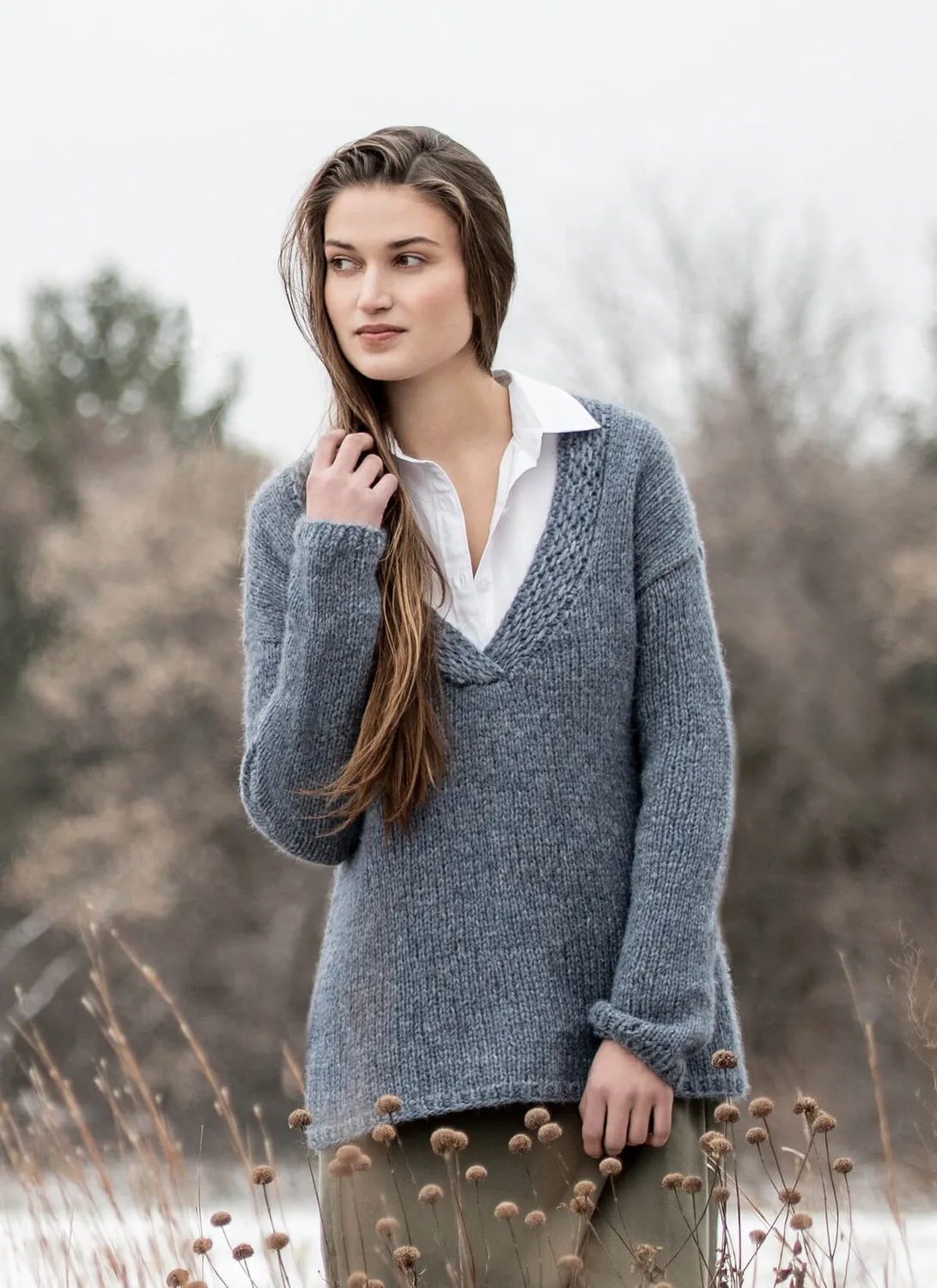 Blue Sky Fibers Silver Lake Sweater Strickanleitung V-Ausschnitt